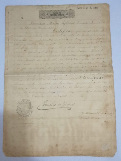 Certificación de Archivos Nacionales, 24 de febrero de 1885, sellado y firmado por Francisco M. Iglesias 